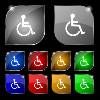 Disabled sign icon. Human on wheelchair symbol. Handicapped invalid sign. Set colourful buttons illustration