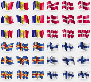 Andorra, Denmark, Aland, Finland. Set of 36 flags of the countries of the world. illustration