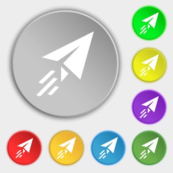 Paper airplane icon sign. Symbol on eight flat buttons. illustration