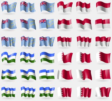 Tuvalu, Indonesia, Bashkortostan, Bahrain. Set of 36 flags of the countries of the world. illustration