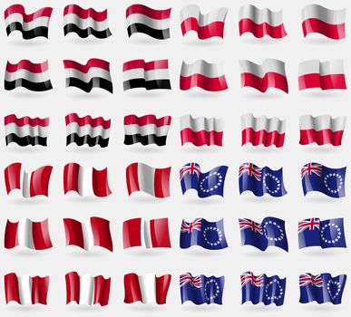 Yemen, Poland, Peru, Cook Islands. Set of 36 flags of the countries of the world. illustration