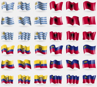 Uruguay, Albania, Ecuador, Liechtenstein. Set of 36 flags of the countries of the world. illustration