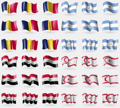 Chad, Argentina, Iraq, Turkish Northern Cyprus. Set of 36 flags of the countries of the world. illustration