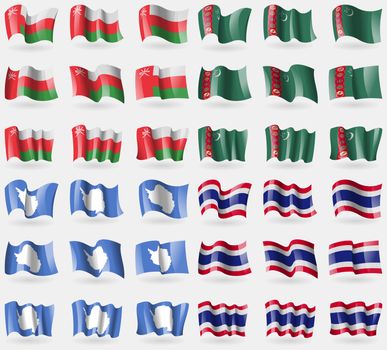 Oman, Turkmenistan, Antarctica, Thailand. Set of 36 flags of the countries of the world. illustration
