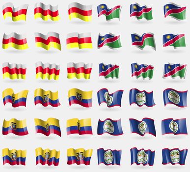 North Ossetia, Namibia, Ecuador, Belize. Set of 36 flags of the countries of the world. illustration