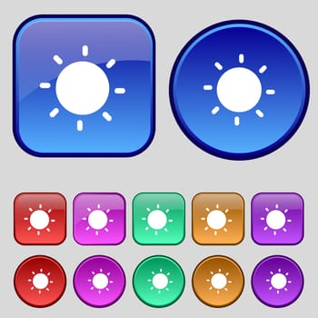 Sun icon sign. A set of twelve vintage buttons for your design. illustration