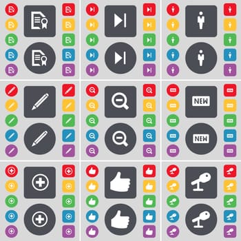 Text file, Media skip, Silhouette, Pencil, Magnifying glass, New, Plus, Like, Microphone icon symbol. A large set of flat, colored buttons for your design. illustration