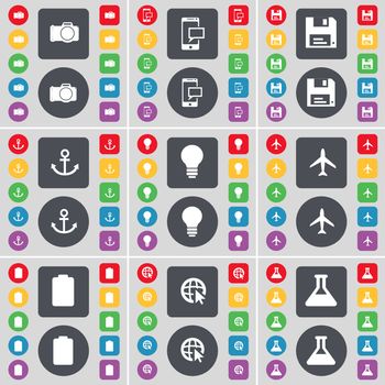 Camera, SMS, Floppy, Anchor, Light bulb, Airplane, Battery, Web cursor, Flask icon symbol. A large set of flat, colored buttons for your design. illustration