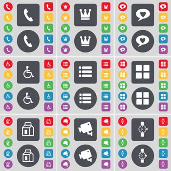 Receiver, Crown, Chat bubble, Disabled person, List, Apps, Packing, CCTV, Wrist watch icon symbol. A large set of flat, colored buttons for your design. illustration