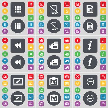 Apps, Smartphone, File, Rewind, Film camera, Information, Laptop, Contact, Minus icon symbol. A large set of flat, colored buttons for your design. illustration