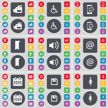 Film camera, Disabled person, SMS, Marker, Sound, Mail, Calendar, Floppy, Silhouette icon symbol. A large set of flat, colored buttons for your design. illustration