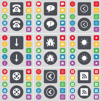 Retro phone, Chat bubble, Arrow left, Arrow down, Bug, Light, Videotape, Arrow left, RSS icon symbol. A large set of flat, colored buttons for your design. illustration