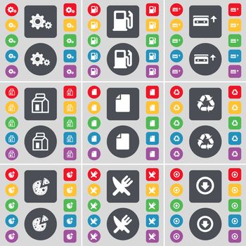 Gear, Gas station, Cassette, Packing, File, Recycling, Pizza, Fork and knife, Arrow down icon symbol. A large set of flat, colored buttons for your design. illustration