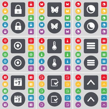 Lock, Butterfly, Moon, Arrow up, Thermometer, Apps, Plus one, Survey, Arrow up icon symbol. A large set of flat, colored buttons for your design. illustration