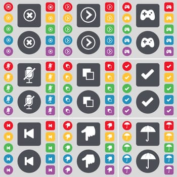 Stop, Arrow right, Gamepad, Microphone, Copy, Tick, Media skip, Hand, Umbrella icon symbol. A large set of flat, colored buttons for your design. illustration
