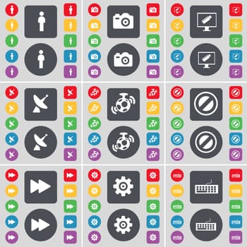 Silhouette, Camera, Monitor, Satellite dish, Speaker, Stop, Rewind, Gear, Keyboard icon symbol. A large set of flat, colored buttons for your design. illustration