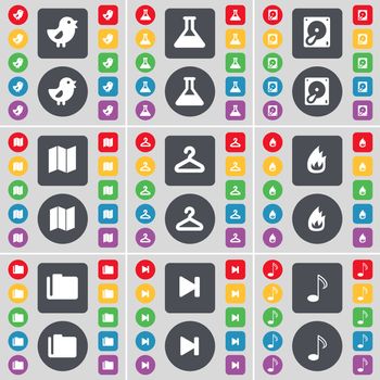 Bird, Flask, Hard drive, Map, Hanger, Fire, Folder, Media skip, Note icon symbol. A large set of flat, colored buttons for your design. illustration