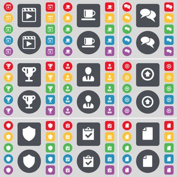 Media player, Cup, Chat, Avatar, Arrow up, Badge, Survey, File icon symbol. A large set of flat, colored buttons for your design. illustration