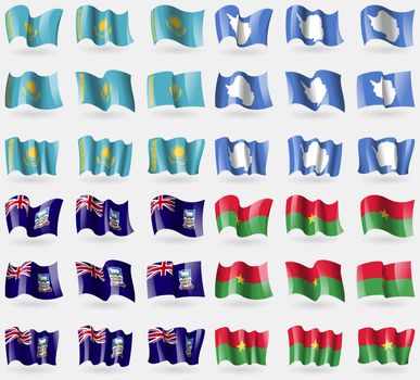 Kazakhstan, Antarctica, Falkland Islands, Burkia Faso. Set of 36 flags of the countries of the world. illustration