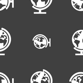 Globe sign icon. World map geography symbol. Globes on stand for studying. Seamless pattern on a gray background. illustration