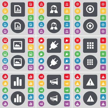 Diagram file, Avatar, Arrow up, Window, Socket, Apps, Diagram, Megaphone, Warning icon symbol. A large set of flat, colored buttons for your design. illustration