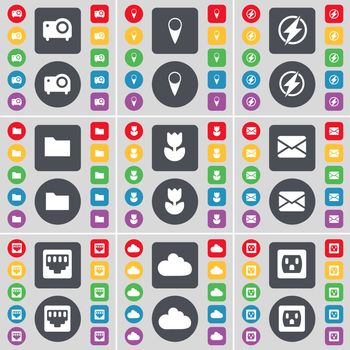 Projector, Checkpoint, Flash, Folder, Flower, Message, LAN socket, Cloud, Socket icon symbol. A large set of flat, colored buttons for your design. illustration