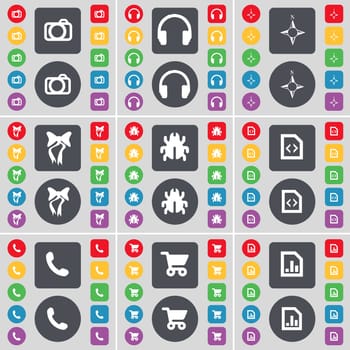 Camera, Headphones, Compass, Bow, Bug, File, Receiver, Shopping cart, Graph file icon symbol. A large set of flat, colored buttons for your design. illustration