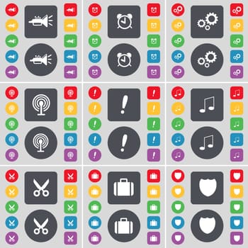 Trumped, Alarm clock, Gear, Wi-Fi, Exclamation mark, Note, Scissors, Suitcase, Badge icon symbol. A large set of flat, colored buttons for your design. illustration