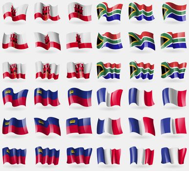Gibraltar, South Africa, Liechtenstein, France. Set of 36 flags of the countries of the world. illustration