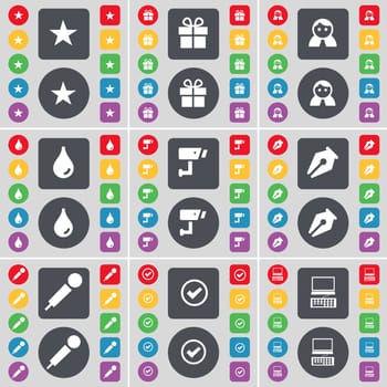 Star, Gift, Avatar, Drop, CCTV, Ink pen, Microphone, Tick, Laptop icon symbol. A large set of flat, colored buttons for your design. illustration