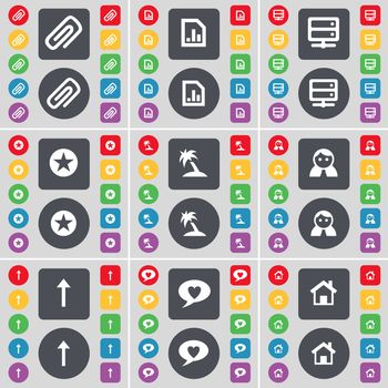 Clip, Diagram file, Server, Star, Palm, Avatar, Arrow up, Chat bubble, House icon symbol. A large set of flat, colored buttons for your design. illustration