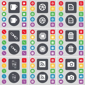 Cup, Ball, File, Link, Processor, Trash can, Connection, RSS, Camera icon symbol. A large set of flat, colored buttons for your design. illustration