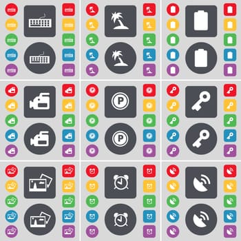 Keyboard, Palm, Battery, Film camera, Parking, Key, Picture, Alarm clock, Satellite dish icon symbol. A large set of flat, colored buttons for your design. illustration