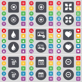 Stop, Plus, Full screen, Drop, Picture, Heart, Trash can, Calendar, Minus icon symbol. A large set of flat, colored buttons for your design. illustration