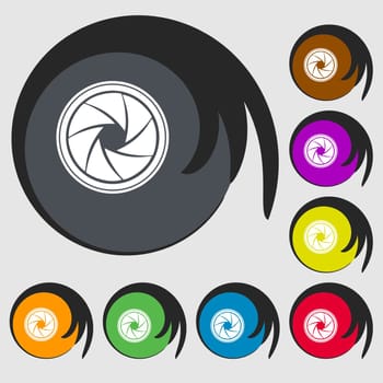 diaphragm icon. Aperture sign. Symbols on eight colored buttons. illustration