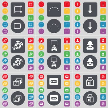 Frame, Stars, Arrow down, Speaker, Game console, Avatar, Gallery, Cassette, Packing icon symbol. A large set of flat, colored buttons for your design. illustration