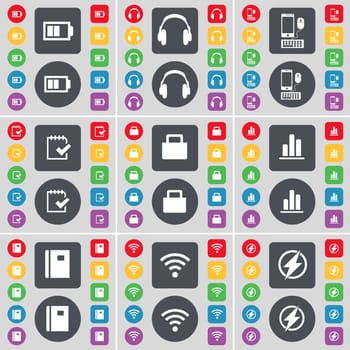 Battery, Headphones, Smartphones, Survey, Lock, Diagram, Notebook, Wi-Fi, Flash icon symbol. A large set of flat, colored buttons for your design. illustration
