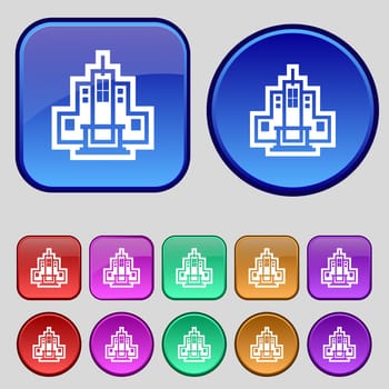 skyscraper icon sign. A set of twelve vintage buttons for your design. illustration
