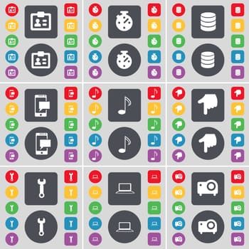 Contact, Stopwatch, Database, SMS, Note, Hand, Wrench, Laptop, Projector icon symbol. A large set of flat, colored buttons for your design. illustration