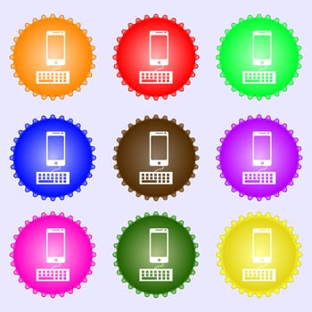 Computer keyboard and smatphone Icon. A set of nine different colored labels. illustration