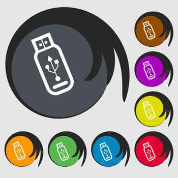 Usb flash drive icon sign. Symbol on eight colored buttons. illustration