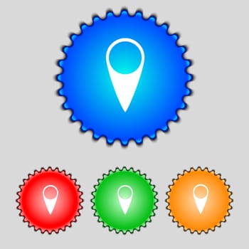 Map pointer icon. GPS location symbol. Set colourful buttons. illustration