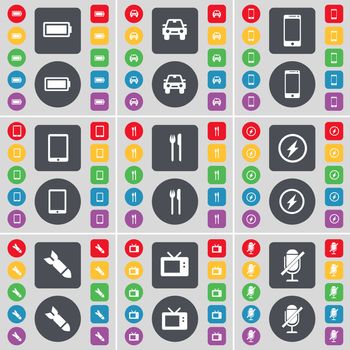 Battery, Car, Smartphone, Tablet PC, Fork and knife, Flash, Rocket, Retro TV, Microphone icon symbol. A large set of flat, colored buttons for your design. illustration