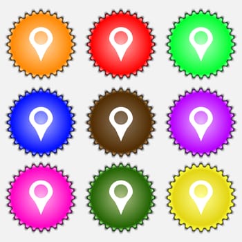 Map pointer, GPS location icon sign. A set of nine different colored labels. illustration 