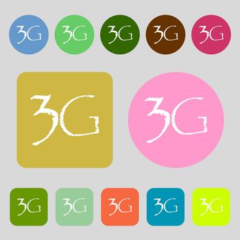 3G sign icon. Mobile telecommunications technology symbol.12 colored buttons. Flat design. illustration