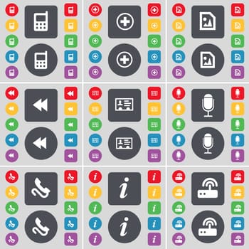 Mobile phone, Plus, Media file, Rewind, Contact, Microphone, Receiver, Information, Router icon symbol. A large set of flat, colored buttons for your design. illustration