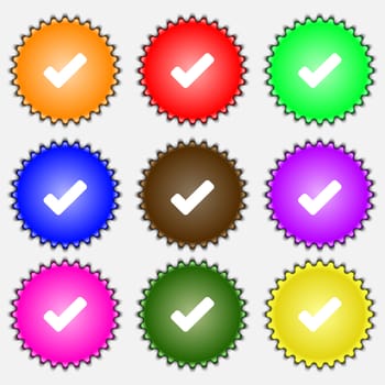 Check mark, tik icon sign. A set of nine different colored labels. illustration 