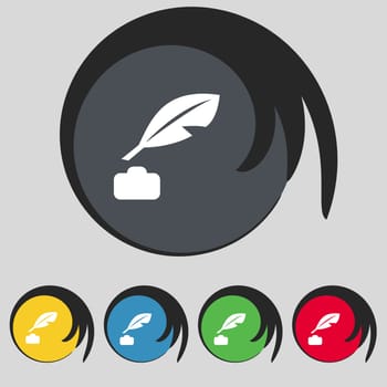 Feather, Retro pen icon sign. Symbol on five colored buttons. illustration