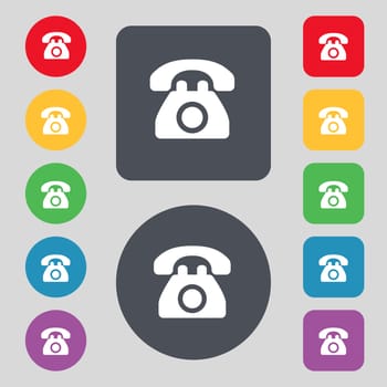 Retro telephone icon sign. A set of 12 colored buttons. Flat design. illustration