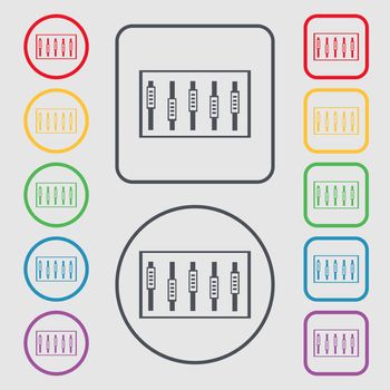 Dj console mix handles and buttons, level icons. Symbols on the Round and square buttons with frame. illustration